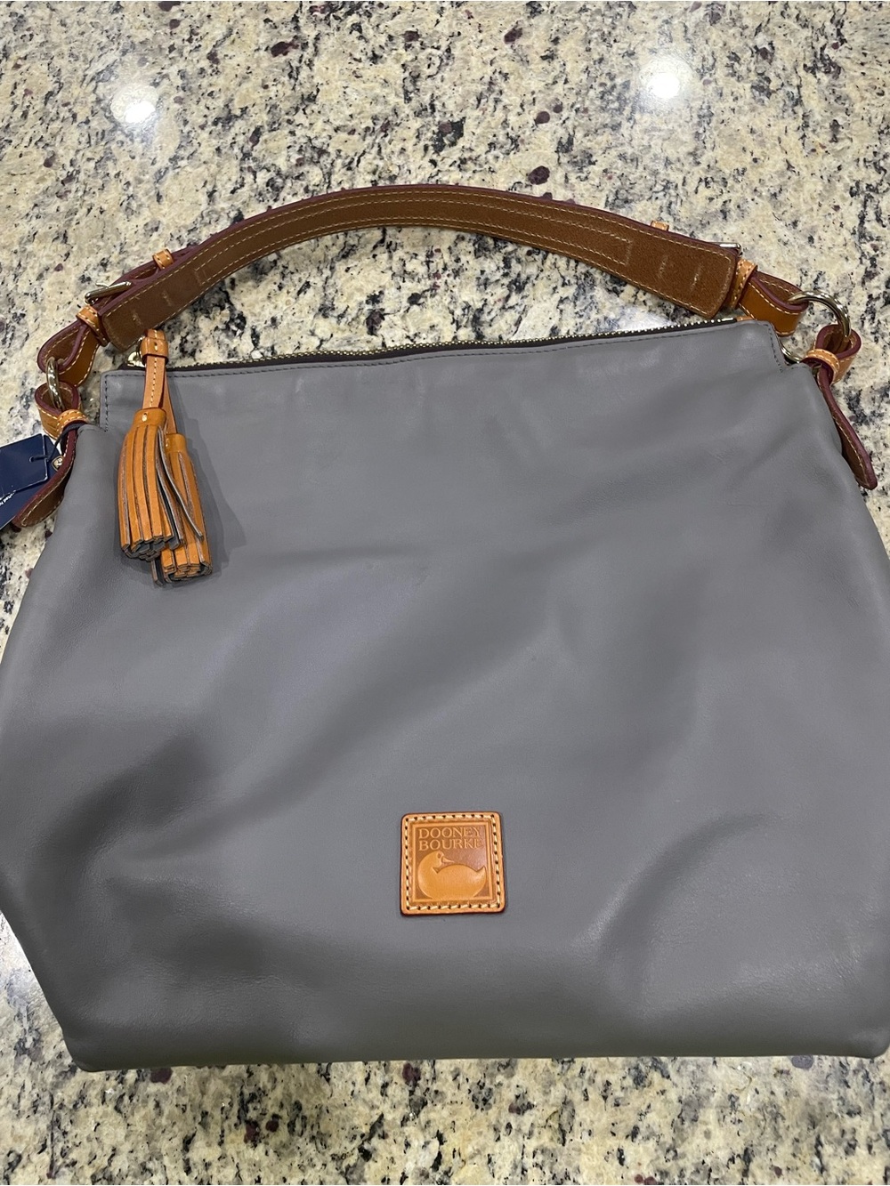 Dooney & Bourke Hobo Gray Leather McKenzie Tassel Shoulder Bag with Brown Trim